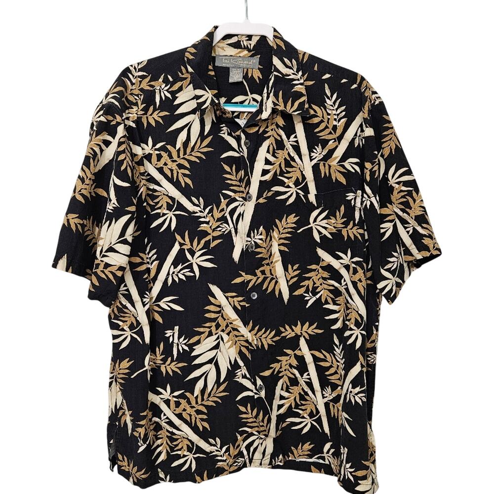 Tori Richard Men’s Hawaiian Aloha‎ Shirt Black Tan Bamboo Leaf Print XL Silk